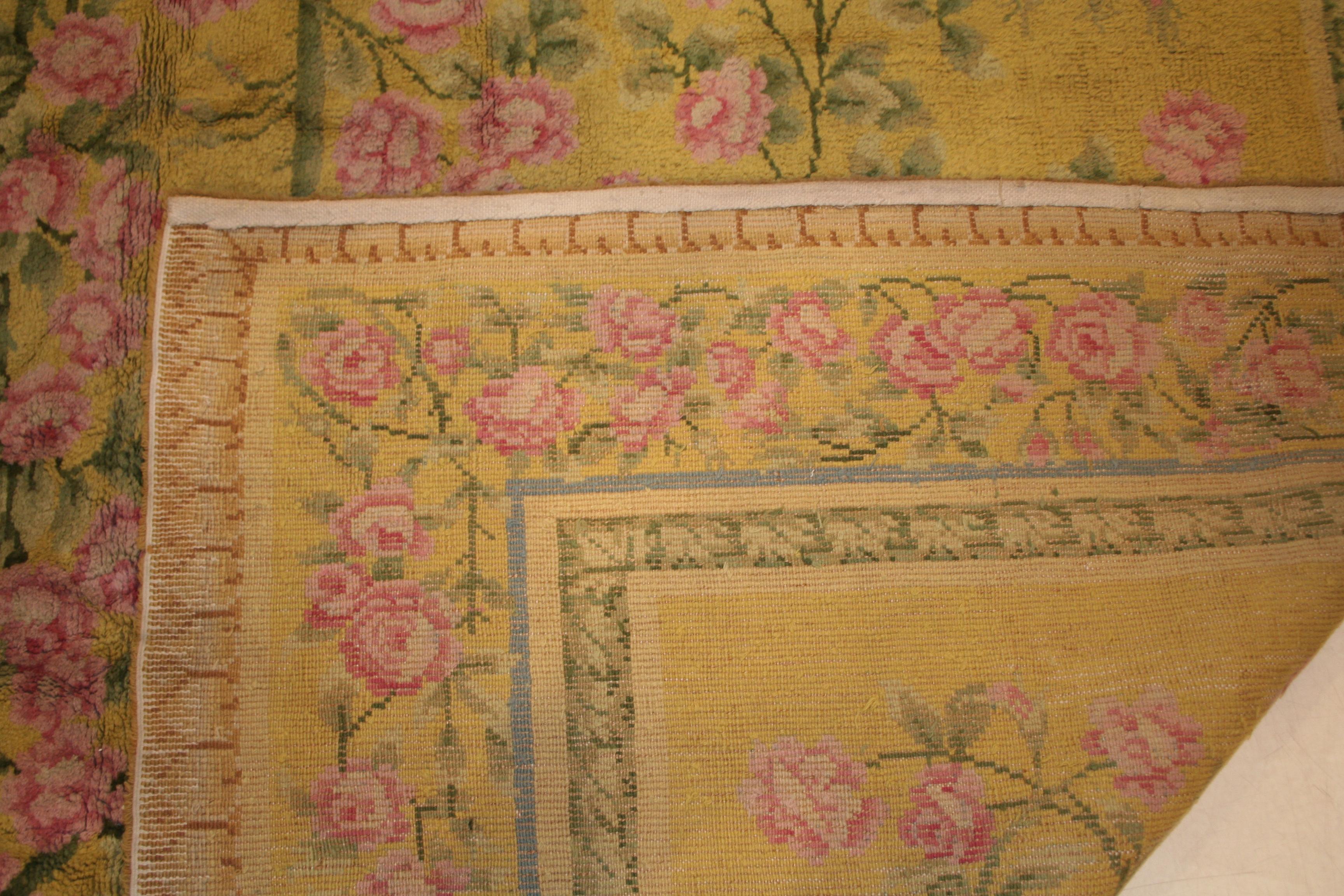 Hand-Knotted Light Yellow French Art Nouveau Rug with Roses For Sale