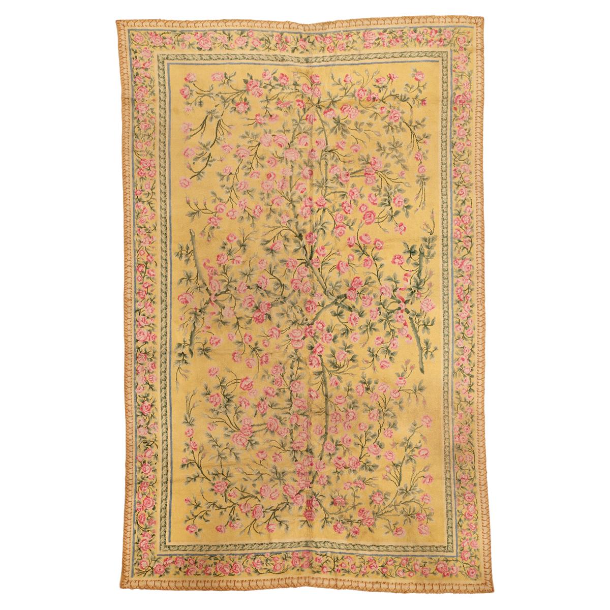 Light Yellow French Art Nouveau Rug with Roses For Sale