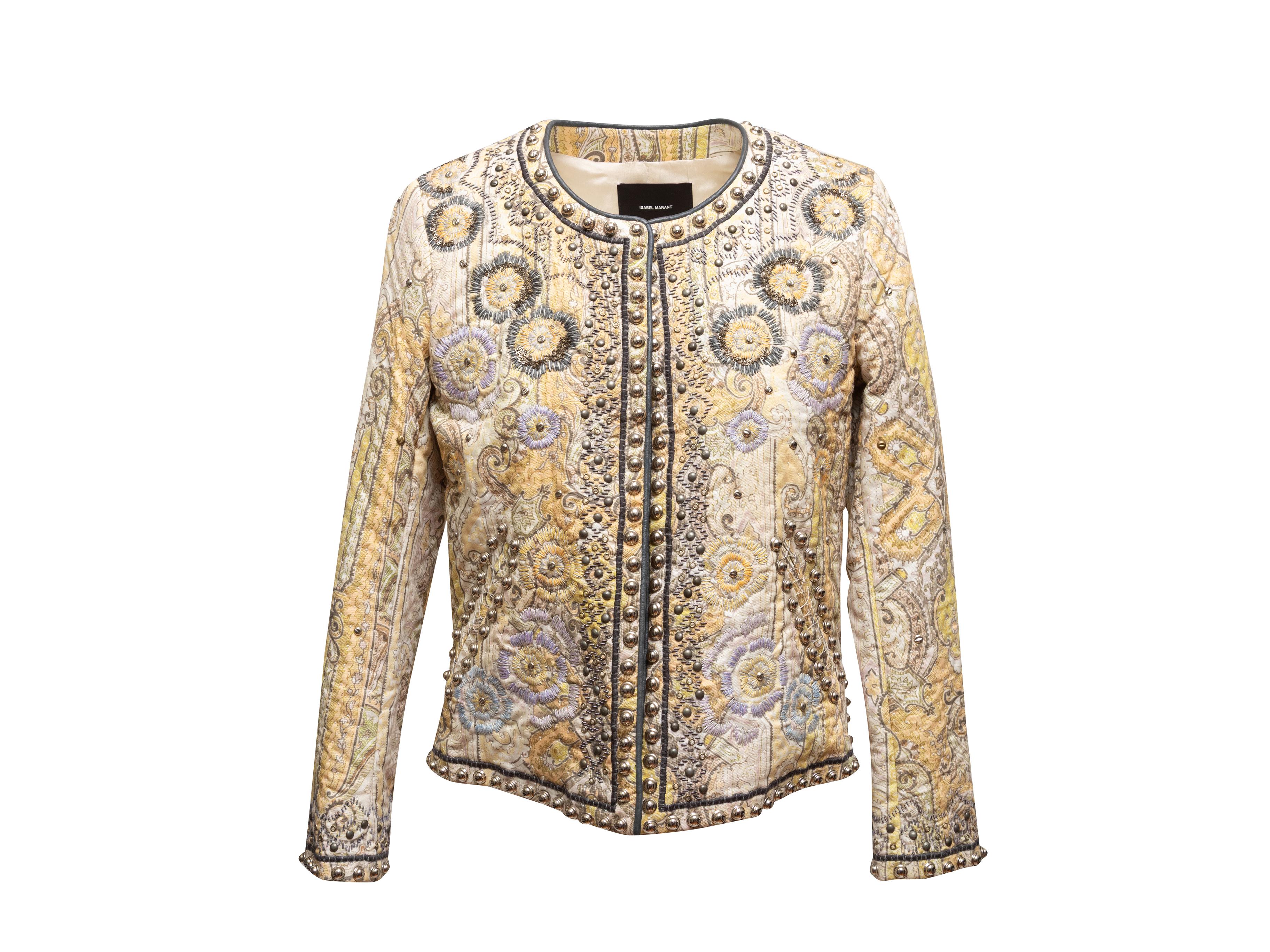 Light yellow and multicolor printed, embroidered, and studded jacket by Isabel Marant. Crew neck. Dual hip pockets. 38
