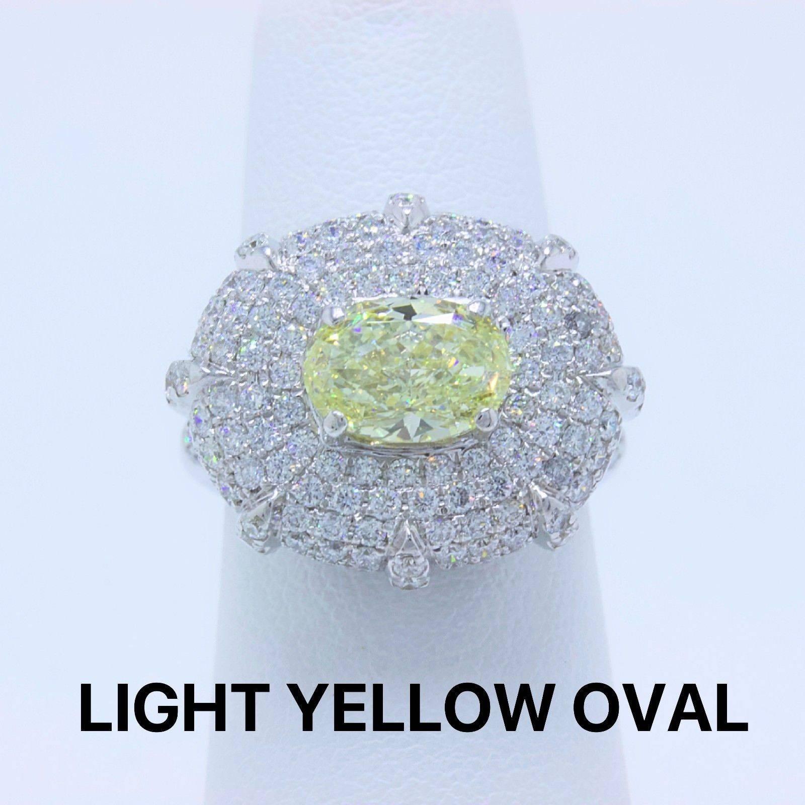 Light Yellow Oval 4.24 TCW Diamond Engagement Cocktail Ring in 18k White Gold In Excellent Condition For Sale In San Diego, CA