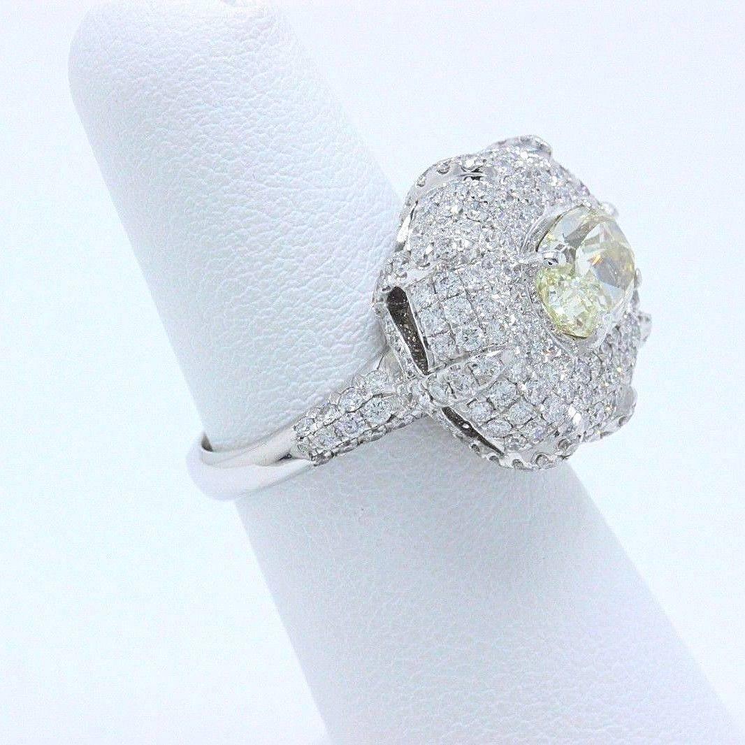 Light Yellow Oval 4.24 TCW Diamond Engagement Cocktail Ring in 18k White Gold For Sale 4