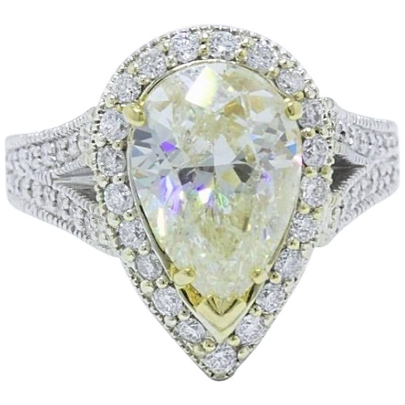 Bague de fiançailles en or blanc 14 carats avec diamants en forme de poire jaune clair de 6,32 carats