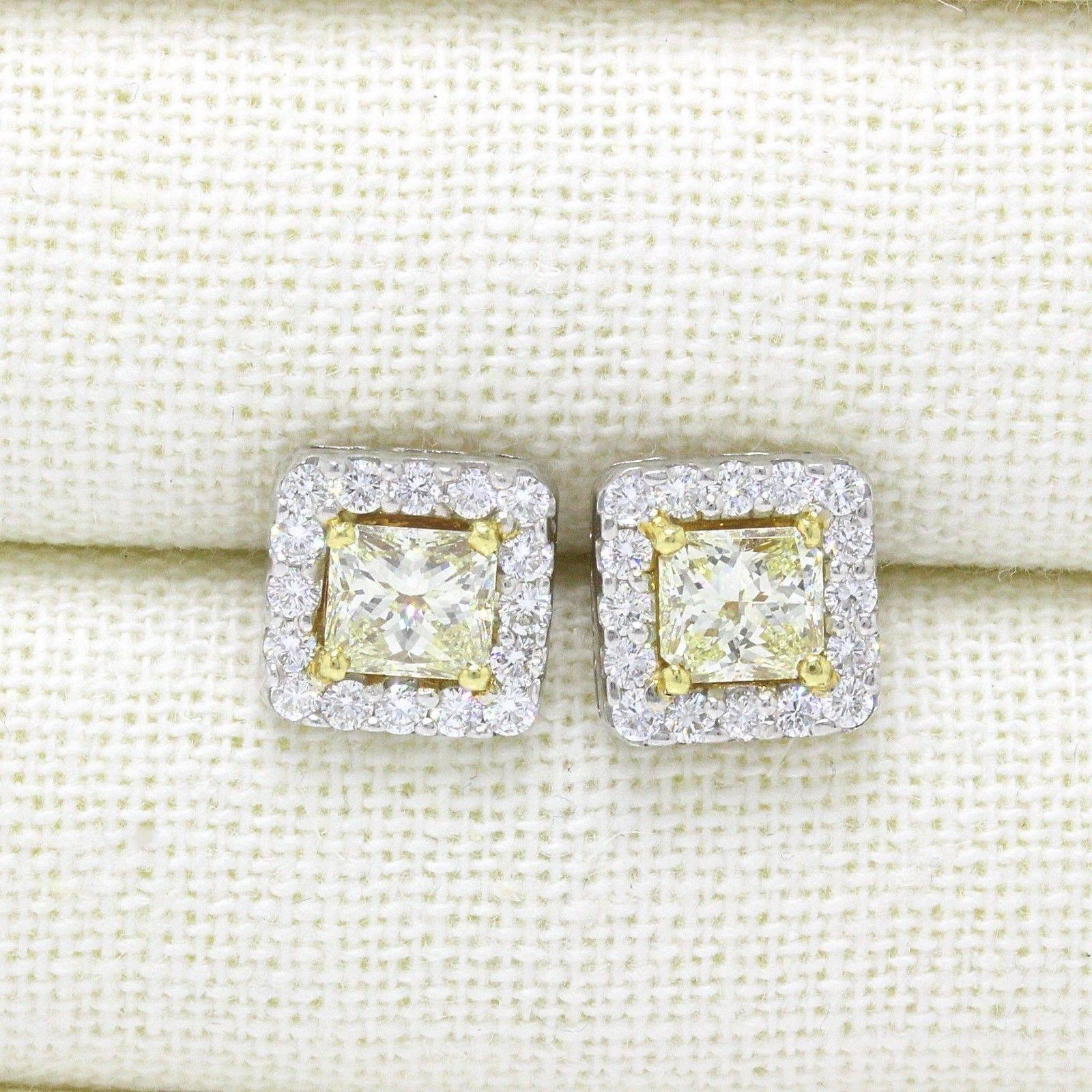 Hellgelbe Prinzessin-Halo 3,96 TCW Diamant-Ohrringe aus 18K Weiß- und Gelbgold (Carréschliff) im Angebot