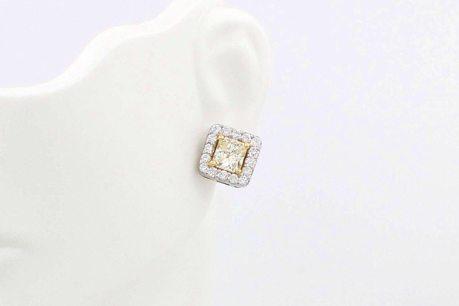 Light Yellow Princess Halo 3.96 TCW Diamond Earrings in 18K White & Yellow Gold In Excellent Condition For Sale In San Diego, CA