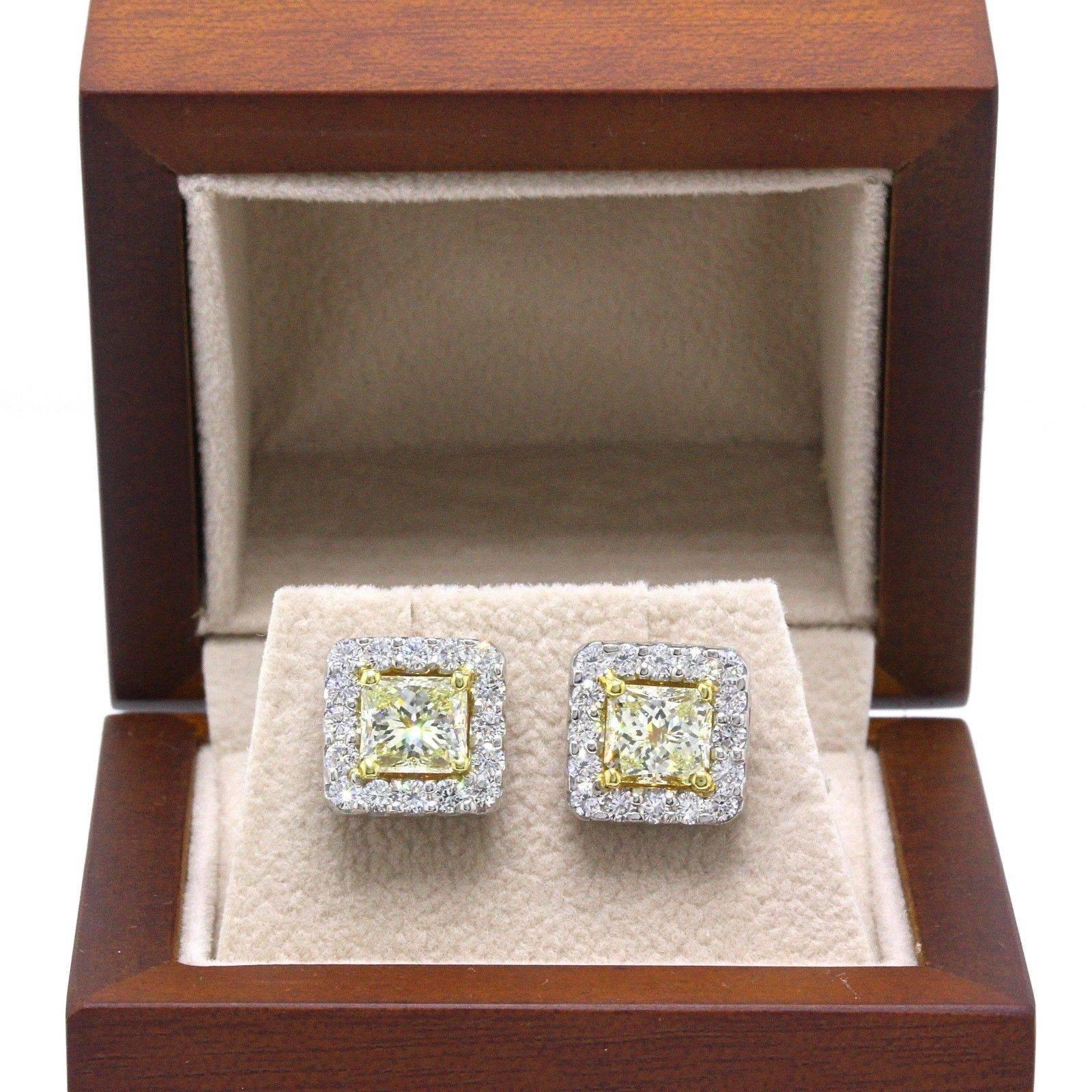 Women's Light Yellow Princess Halo 3.96 TCW Diamond Earrings in 18K White & Yellow Gold For Sale