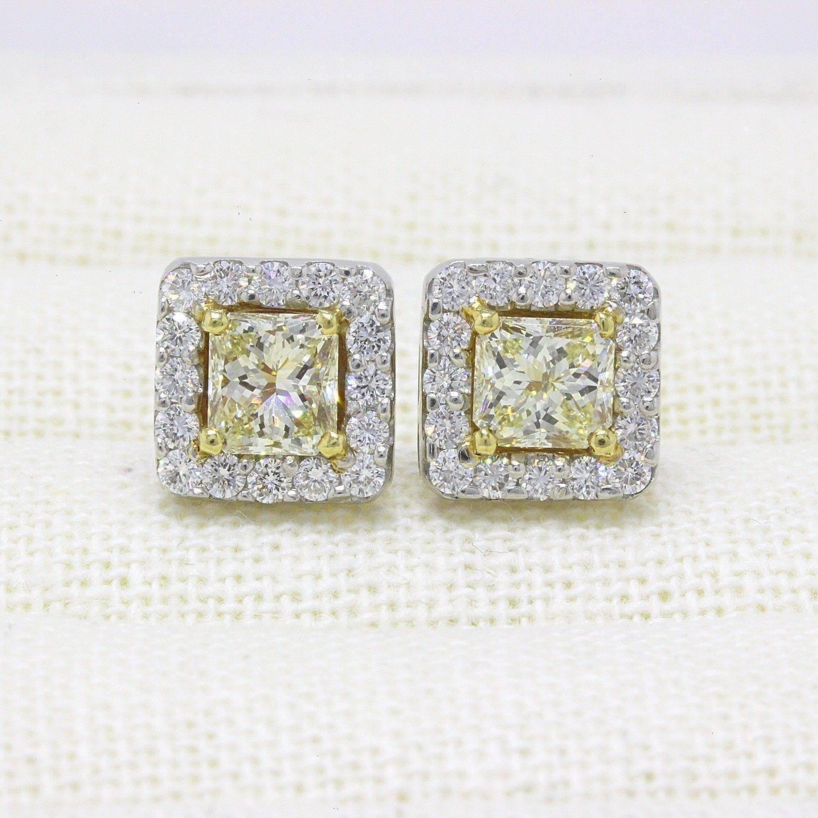 Light Yellow Princess Halo 3.96 TCW Diamond Earrings in 18K White & Yellow Gold For Sale 1