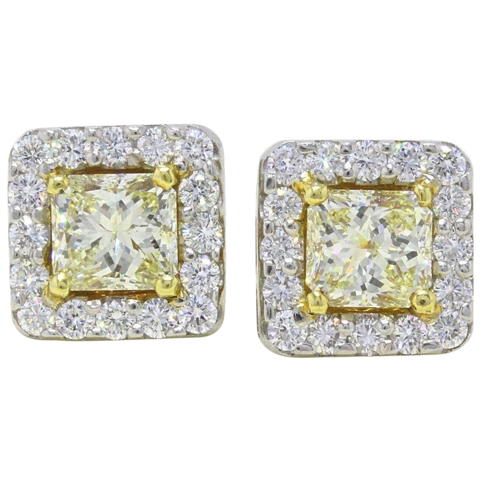 Light Yellow Princess Halo 3.96 TCW Diamond Earrings in 18K White & Yellow Gold For Sale