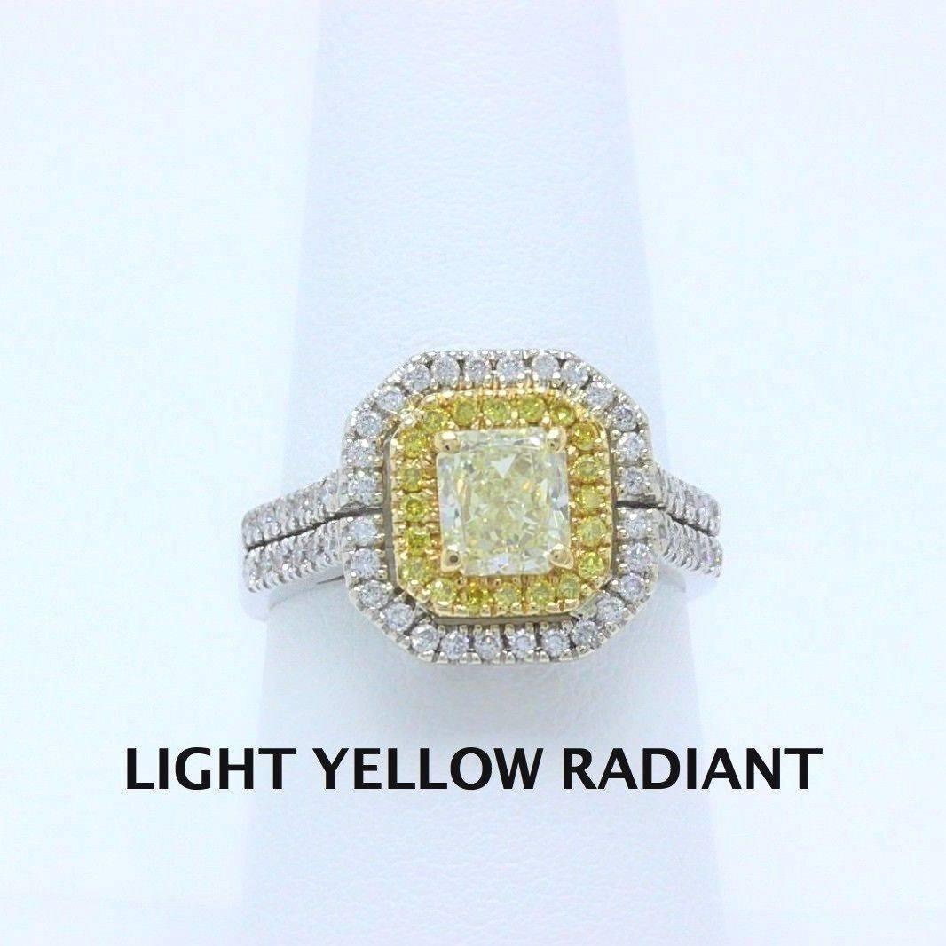 Light Yellow Radiant Diamond with Double Halo & Diamond Band 2.36 TCW 18k Gold In Excellent Condition In San Diego, CA