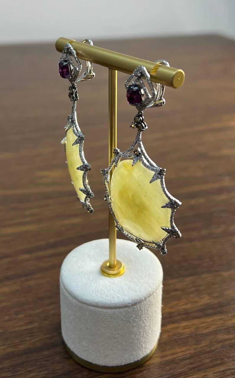 Light Yellow Sapphire Slice Rhodolite Garnet Diamond 14K White Gold Earrings For Sale 5