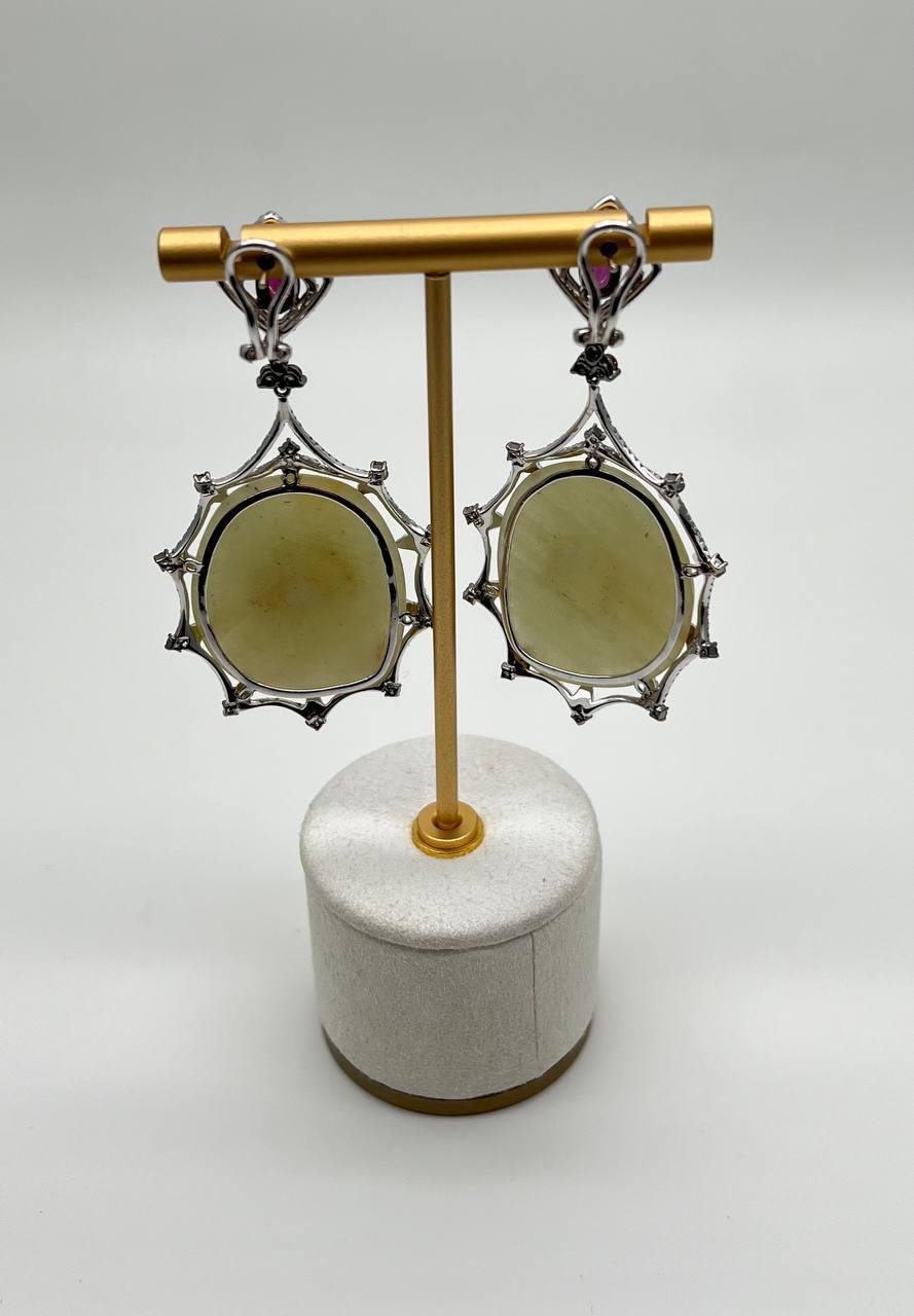 Mixed Cut Light Yellow Sapphire Slice Rhodolite Garnet Diamond 14K White Gold Earrings For Sale