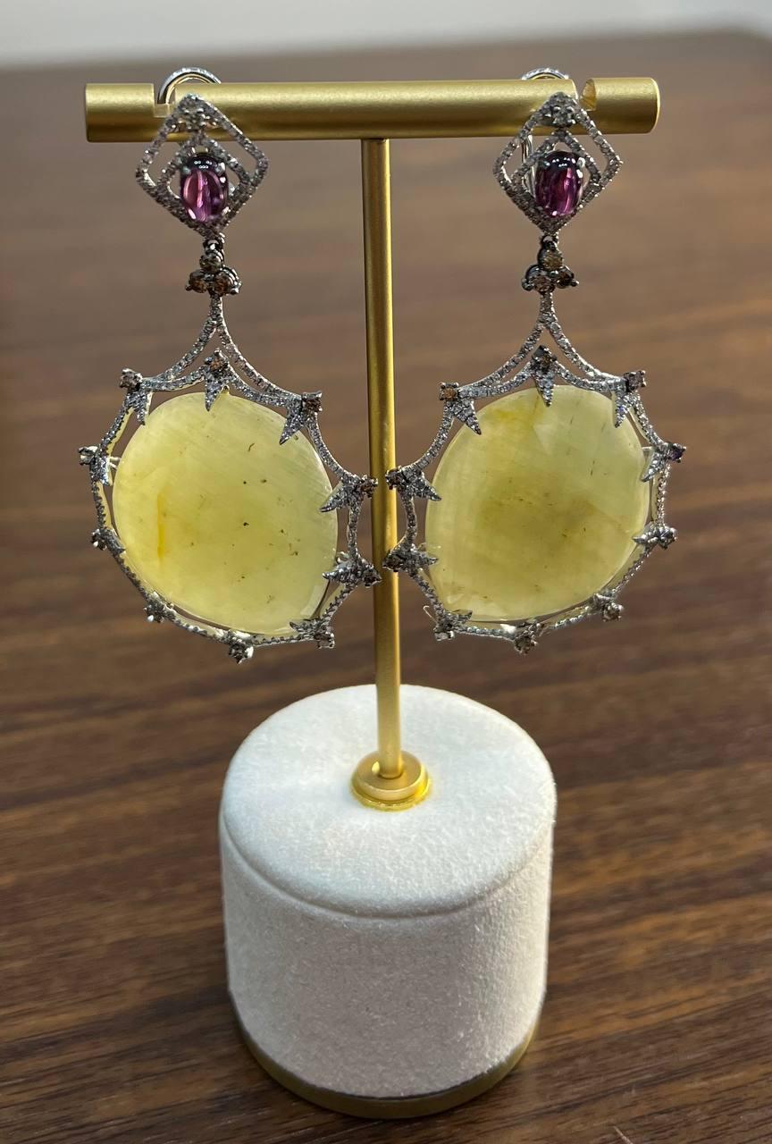 Light Yellow Sapphire Slice Rhodolite Garnet Diamond 14K White Gold Earrings For Sale 1