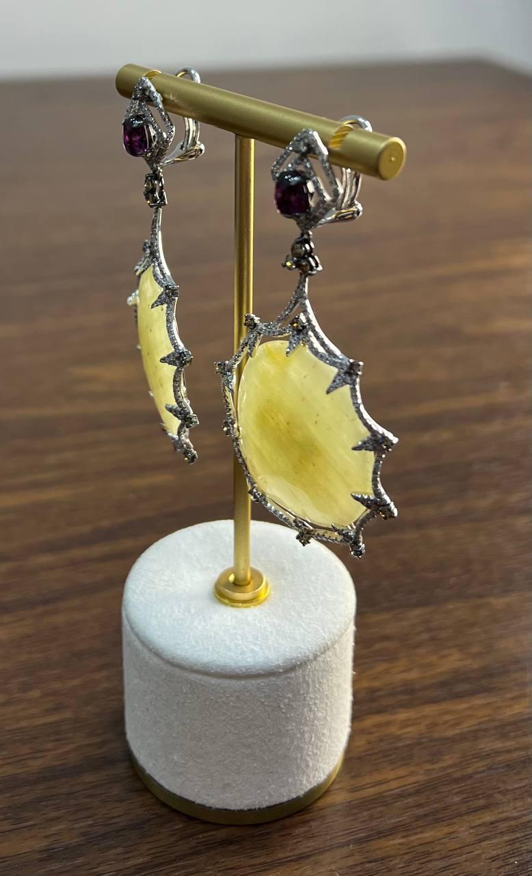 Light Yellow Sapphire Slice Rhodolite Garnet Diamond 14K White Gold Earrings For Sale 2