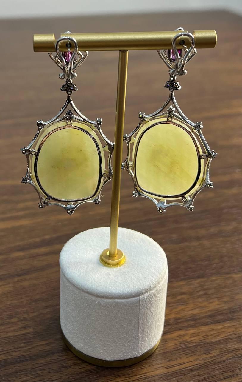 Light Yellow Sapphire Slice Rhodolite Garnet Diamond 14K White Gold Earrings For Sale 3