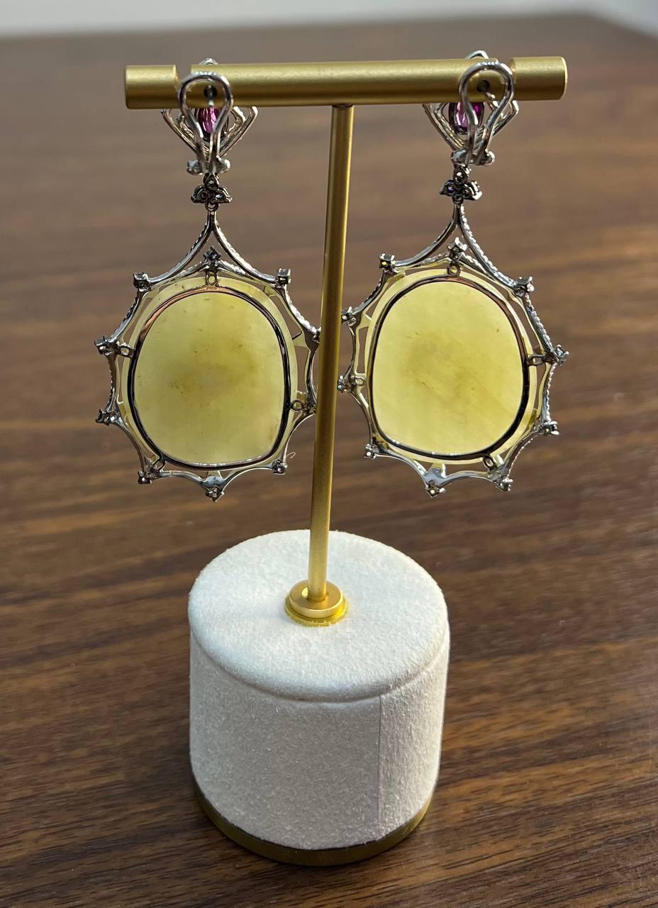 Light Yellow Sapphire Slice Rhodolite Garnet Diamond 14K White Gold Earrings For Sale 4