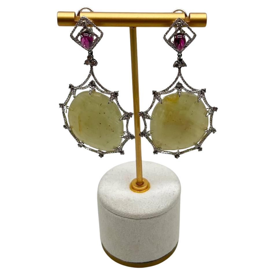 Light Yellow Sapphire Slice Rhodolite Garnet Diamond 14K White Gold Earrings