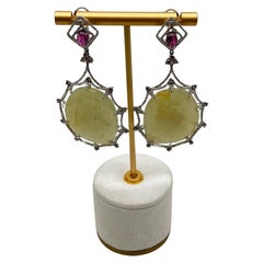 Light Yellow Sapphire Slice Rhodolite Garnet Diamond 14K White Gold Earrings
