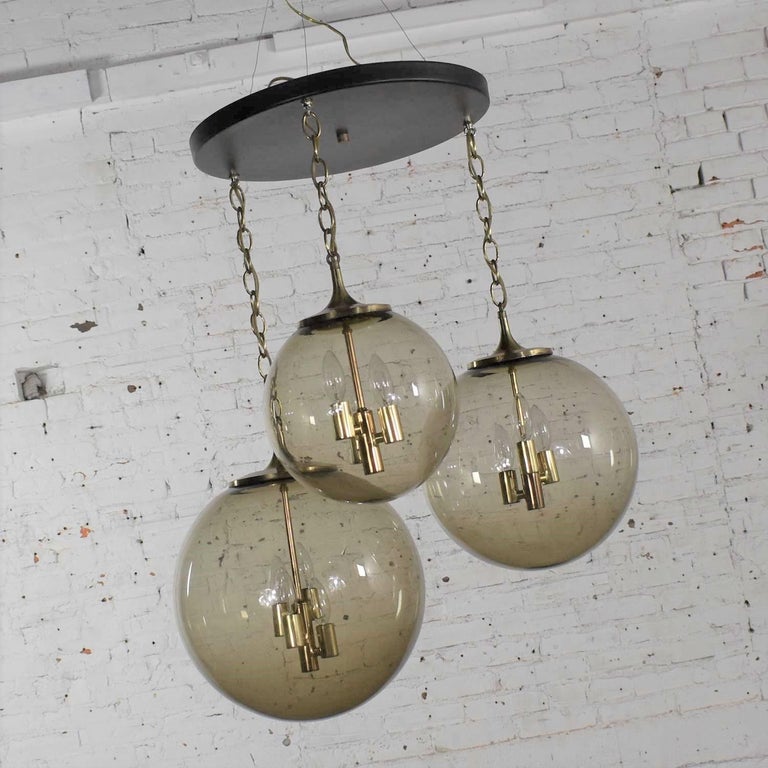 Metal Lightcraft of California Chandelier with 3 Cascading Smoke Glass Orb Globes For Sale