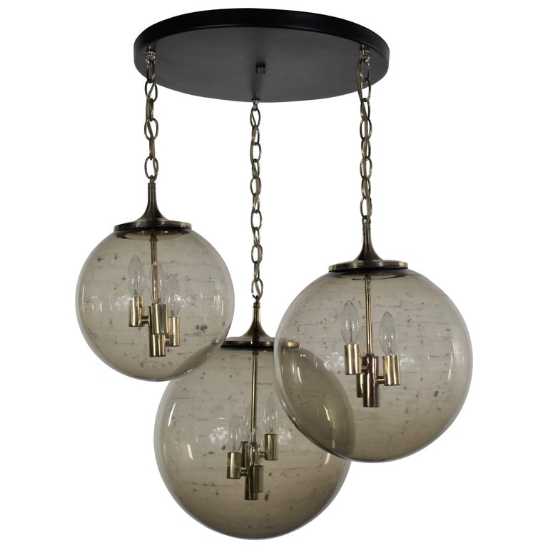 Lightcraft of California Chandelier with 3 Cascading Smoke Glass Orb Globes For Sale
