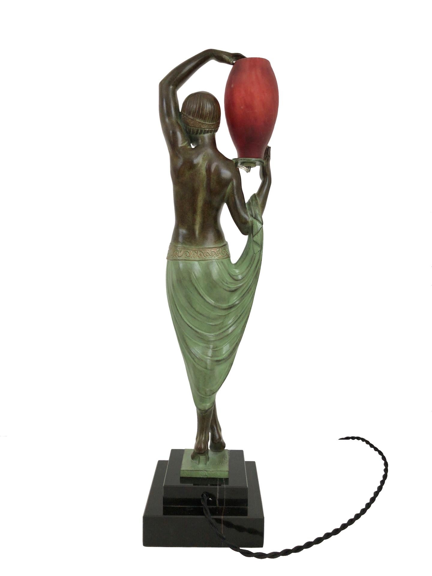 French Lighted Art Deco Style Sculpture Lamp Odalisque by Fayral and Max Le Verrier  For Sale