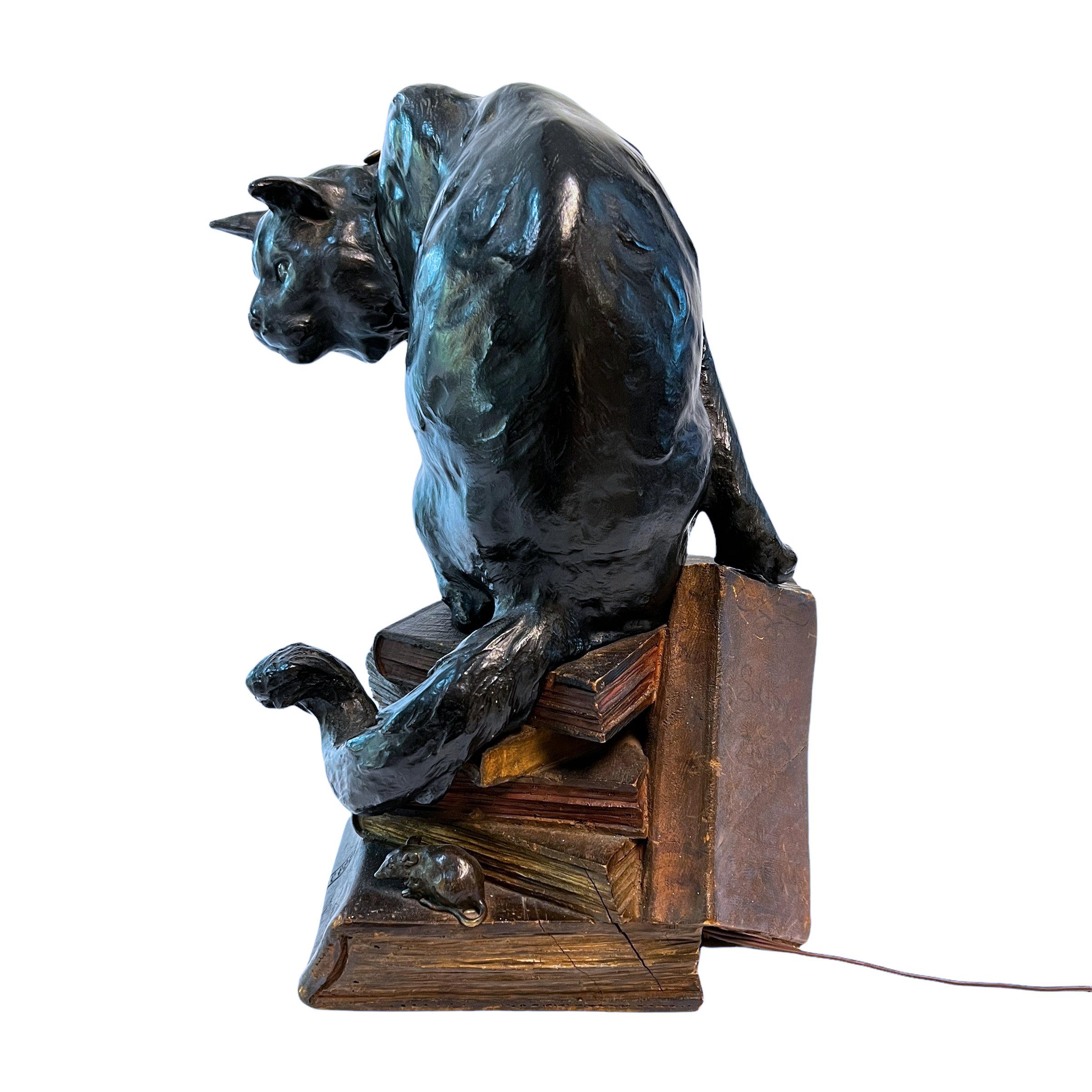 Lighted Bronze Cat Sculpture by Jean Carrit Circa 1900 2