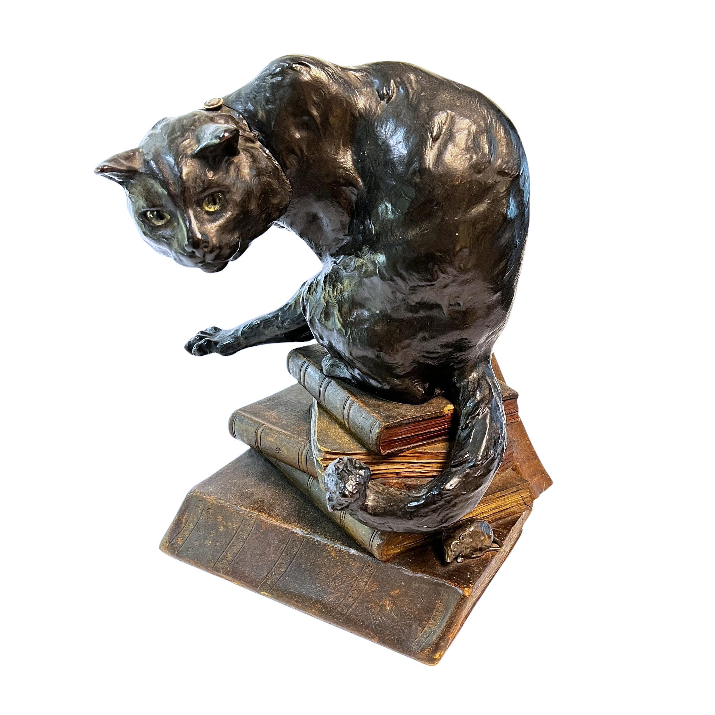 Lighted Bronze Cat Sculpture by Jean Carrit Circa 1900 4