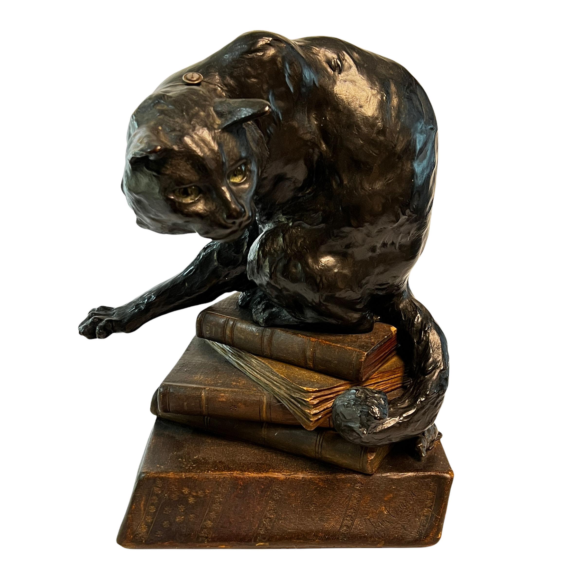 Patinated Lighted Bronze Cat Sculpture by Jean Carrit Circa 1900