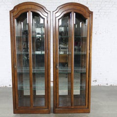Lighted Curio Cabinets with Arched Top in Dark Wood a Vintage, Pair