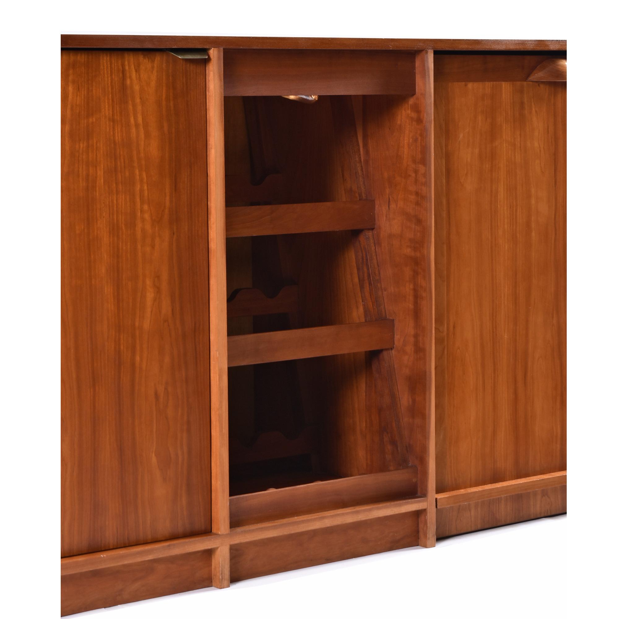 Lighted Custom Made Modern Cherry Buffet Dry Bar With Wine Rack and Bar Cart For Sale 3