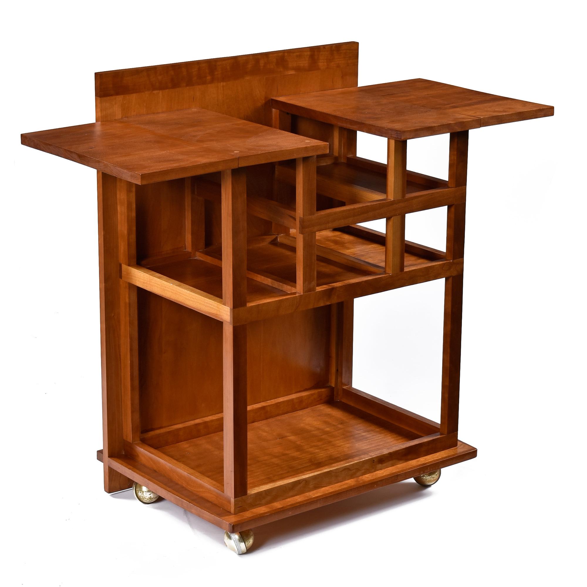 Lighted Custom Made Modern Cherry Buffet Dry Bar With Wine Rack and Bar Cart In Good Condition For Sale In Chattanooga, TN