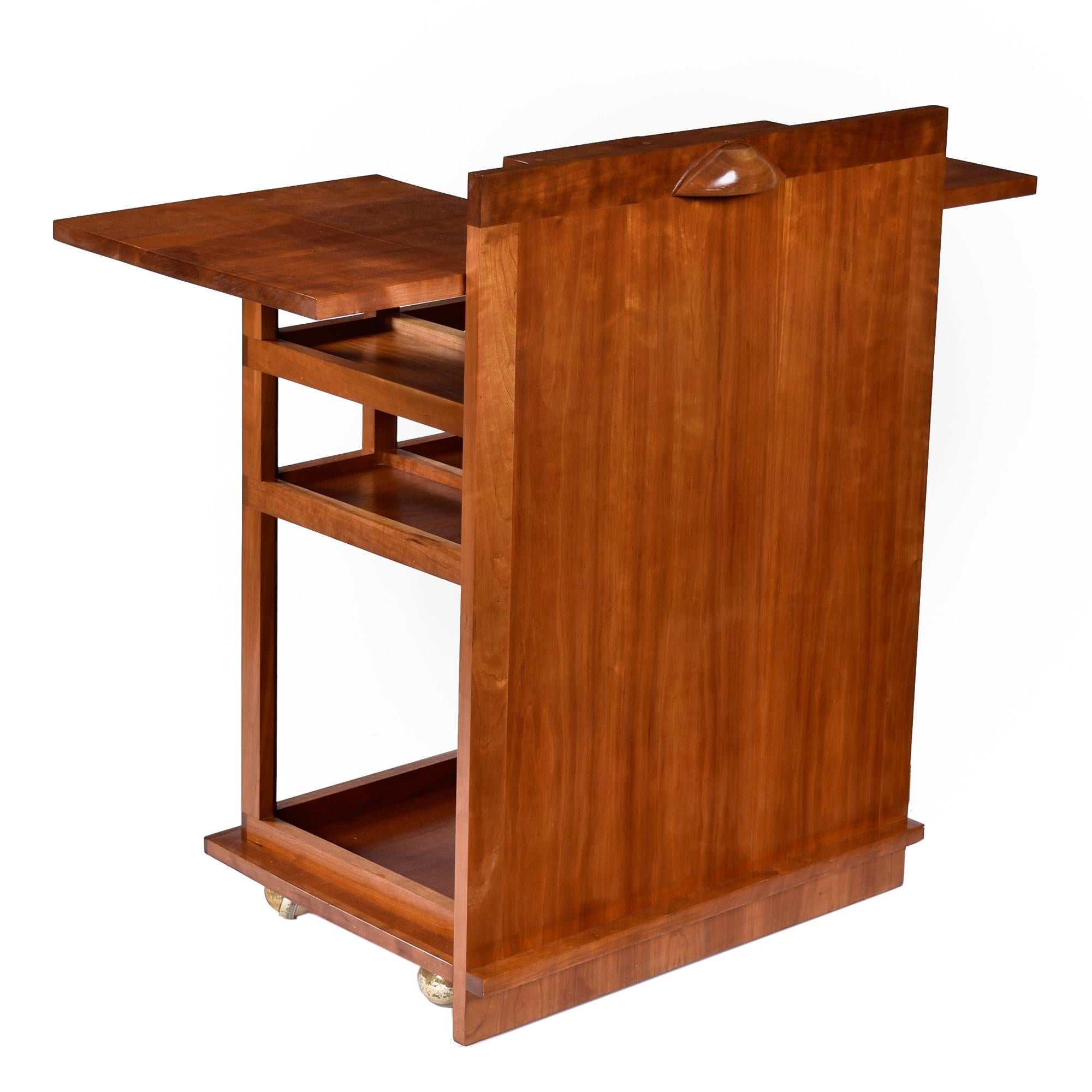 Mahogany Lighted Custom Made Modern Cherry Buffet Dry Bar With Wine Rack and Bar Cart For Sale