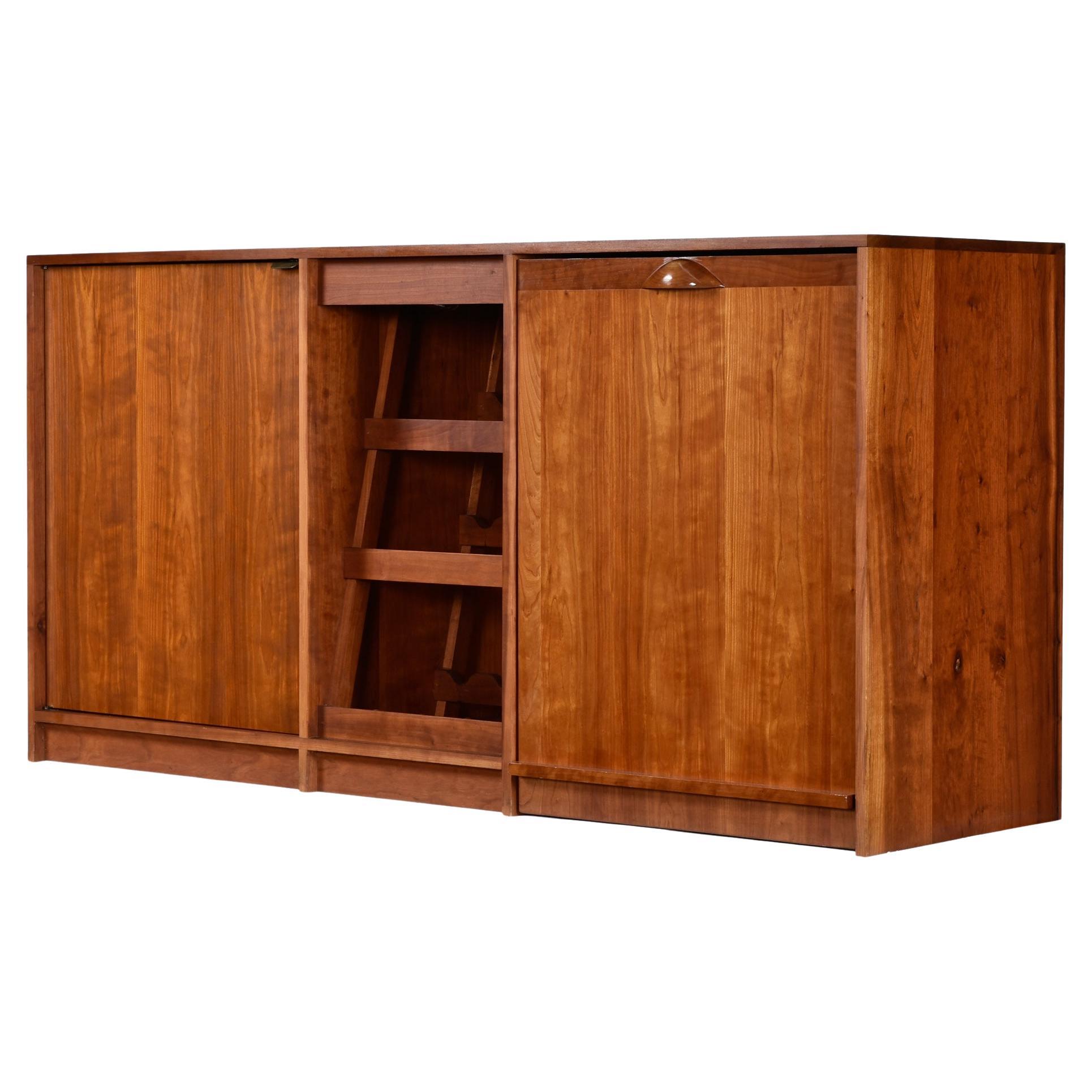Lighted Custom Made Mid-Century Modern Cherry Wood Credenza Dry Bar For Sale