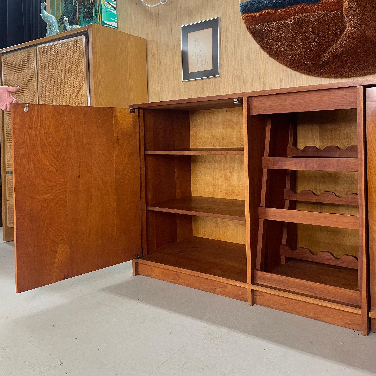 Lighted Custom Made Modern Cherry Buffet Dry Bar With Wine Rack and Bar Cart For Sale 10