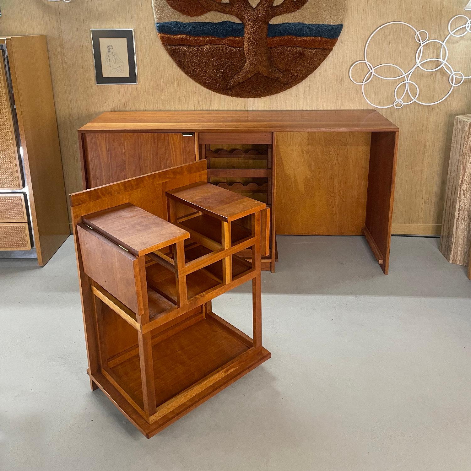 Lighted Custom Made Modern Cherry Buffet Dry Bar With Wine Rack and Bar Cart For Sale 11