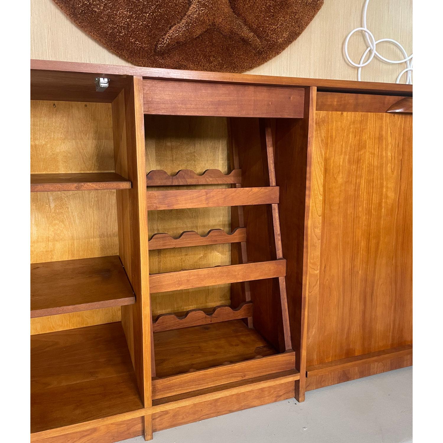 Lighted Custom Made Modern Cherry Buffet Dry Bar With Wine Rack and Bar Cart For Sale 12