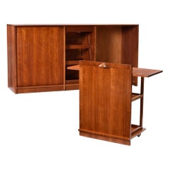 Lighted Custom Made Modern Cherry Buffet Dry Bar With Wine Rack and Bar Cart