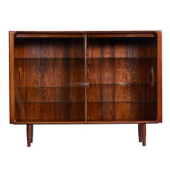 Lighted Danish Rosewood Glass Door Hutch Cabinet Bookcase with Carved Pulls