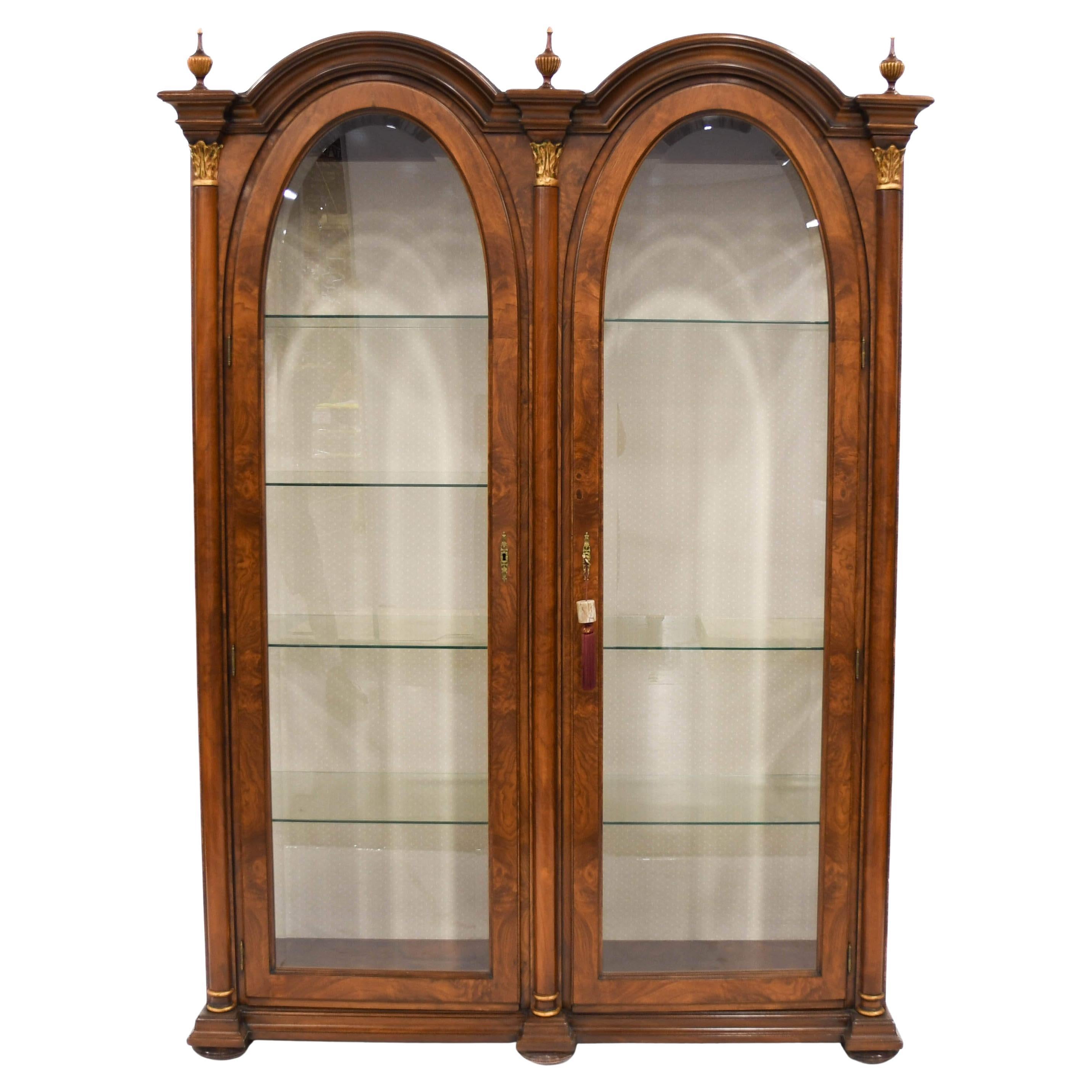 Lighted Double Glass Door Walnut Bookcase with Corinthian Columns