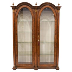Lighted Double Glass Door Walnut Bookcase with Corinthian Columns