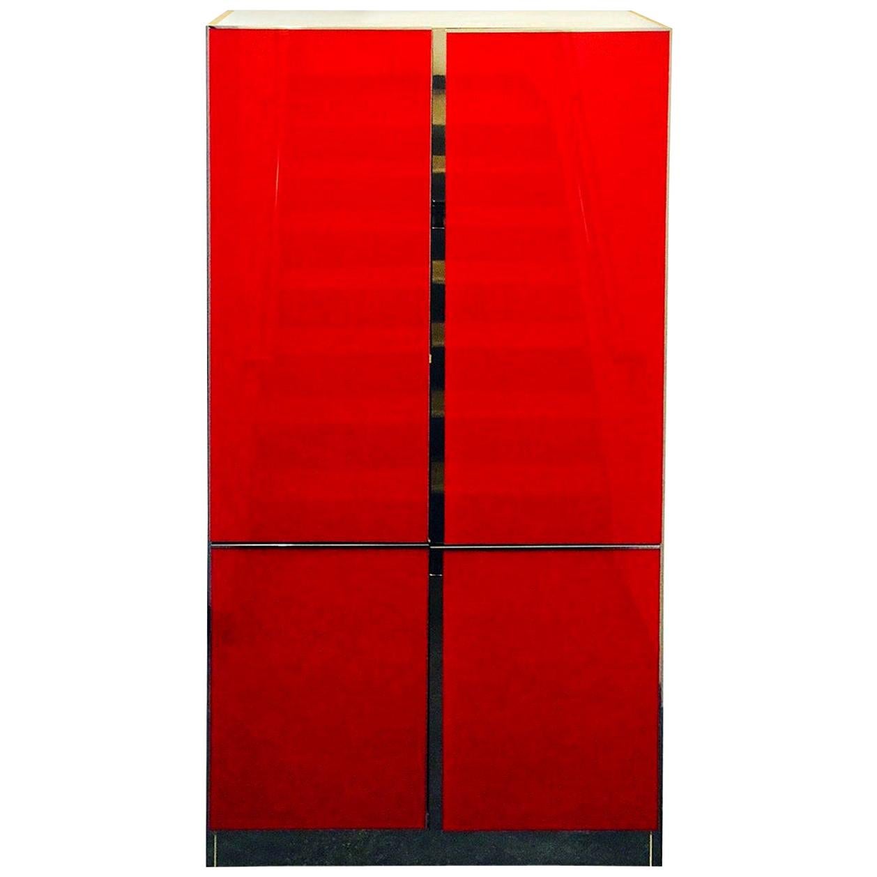 Lighted Ello Red Glass, Chrome & Off-White Laminate Cabinet w/ Shelves & Drawers For Sale