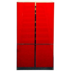 Lighted Ello Red Glass, Chrome & Off-White Laminate Cabinet w/ Shelves & Drawers