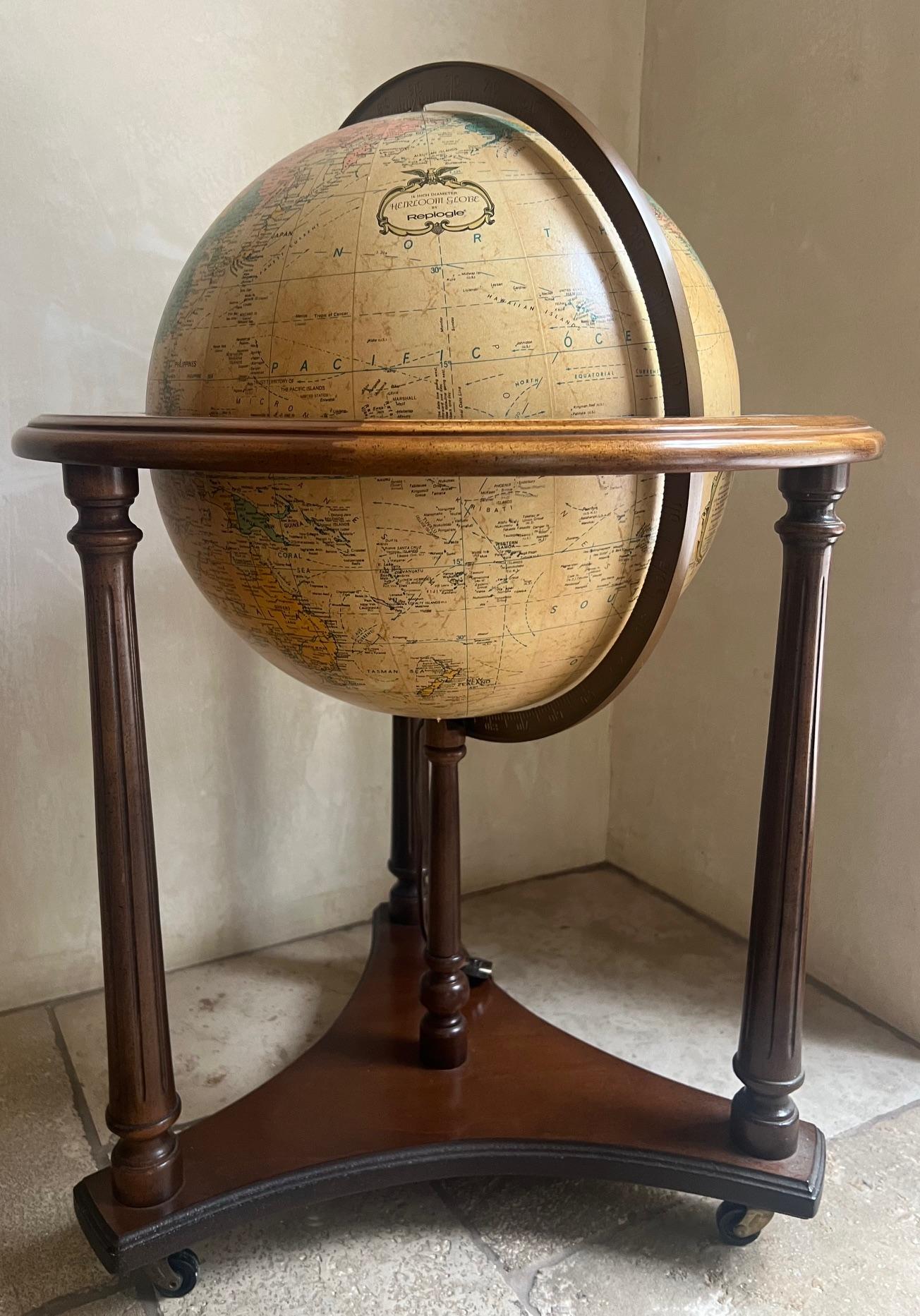 Appliqué Lighted Replogle Heirloom 16 Inch Globe on Stand, c. 1970's