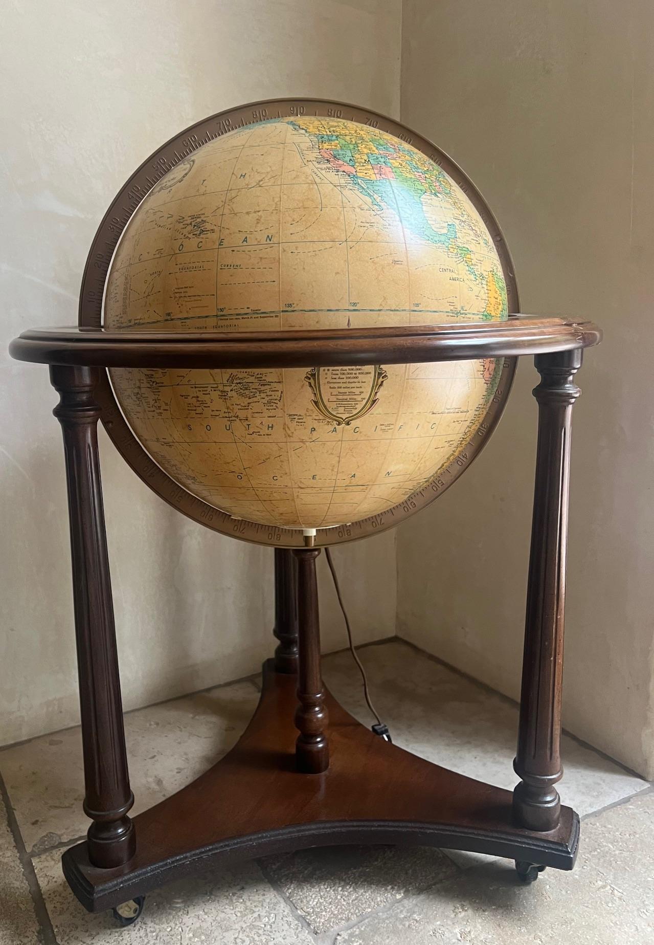 Wood Lighted Replogle Heirloom 16 Inch Globe on Stand, c. 1970's