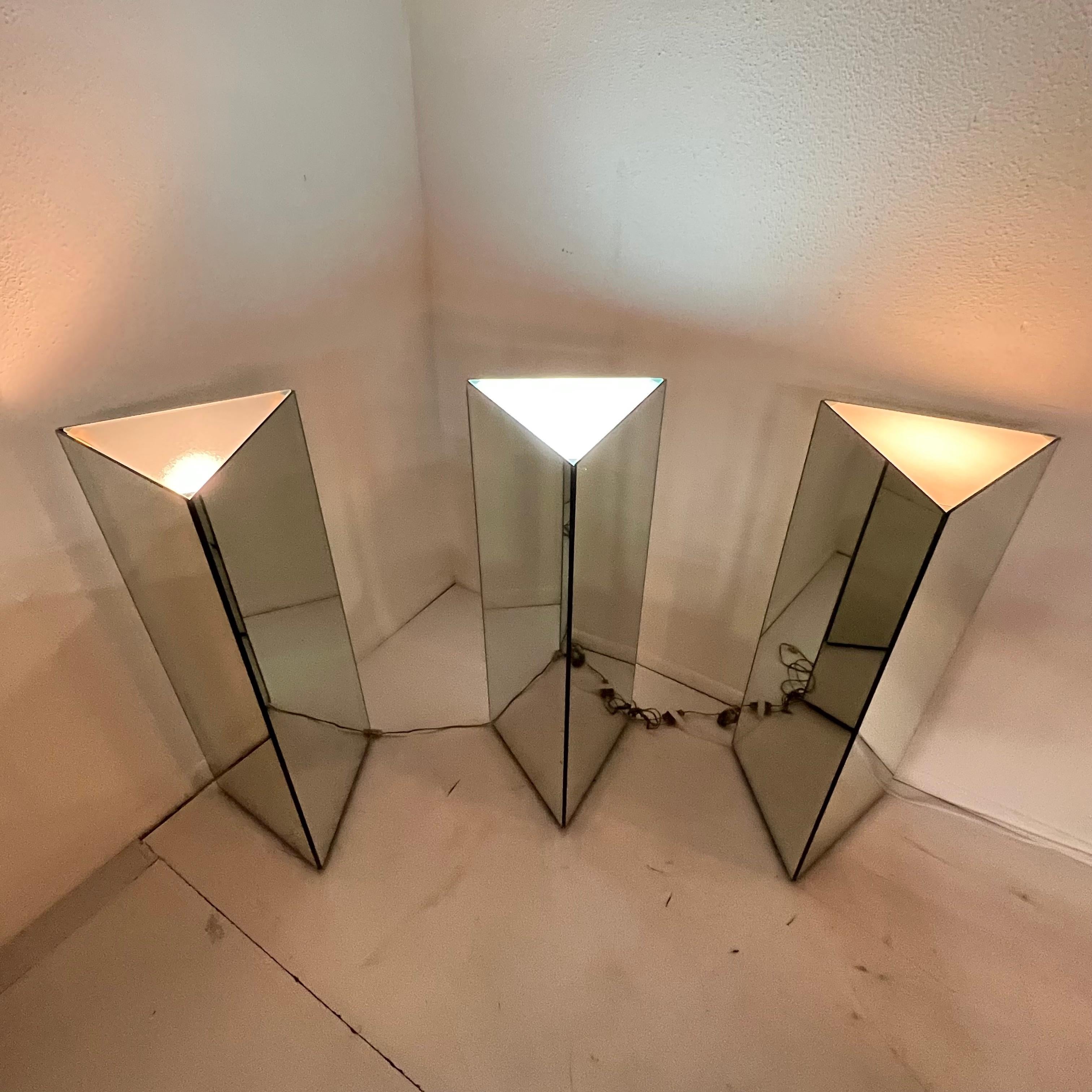 Post-Modern Lighted Triangular Mirrored Pedestal (3 Available) For Sale