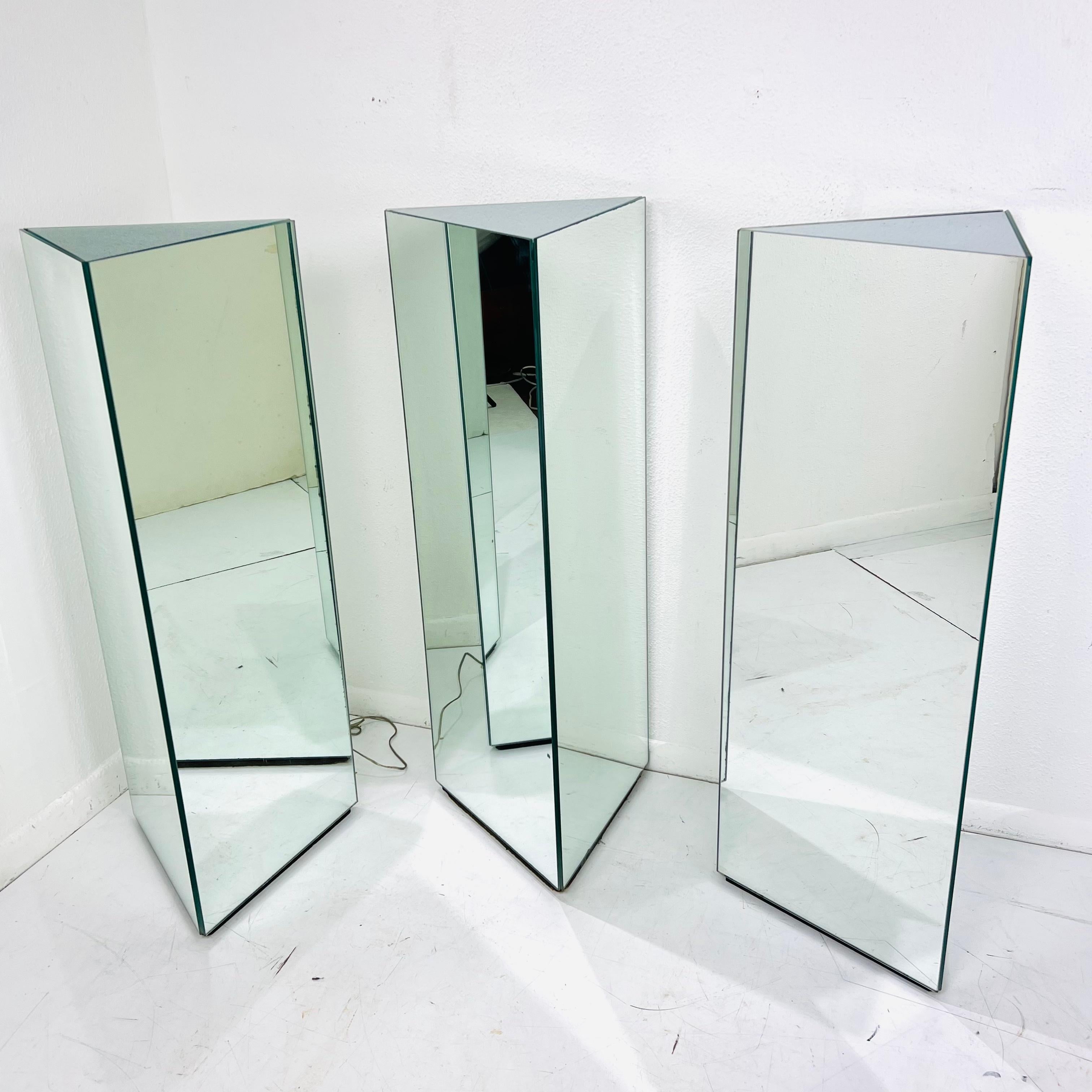 Late 20th Century Lighted Triangular Mirrored Pedestal (3 Available) For Sale