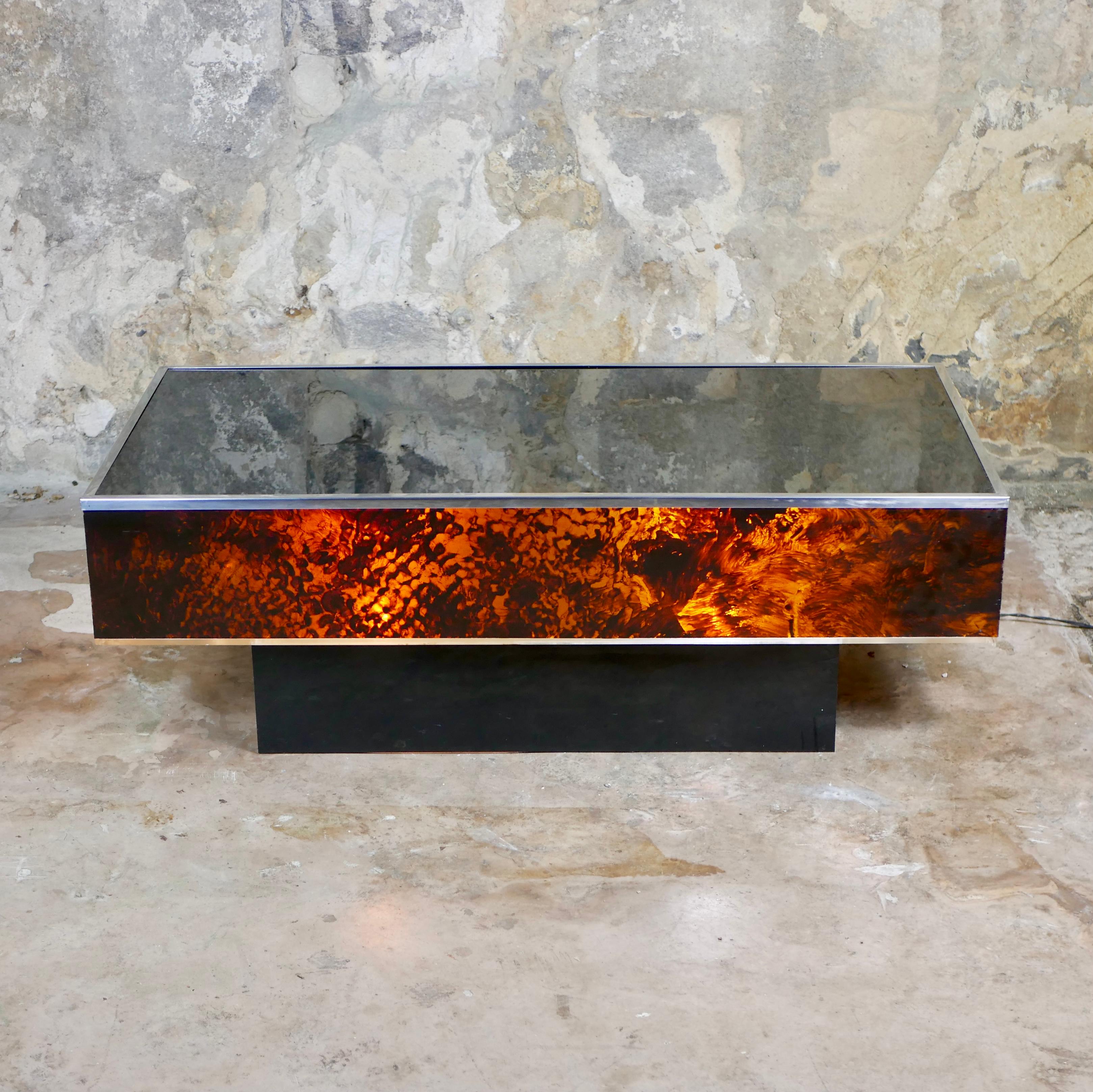Space Age Lighted up faux tortoise lucite coffee table, Italy, 1970s For Sale