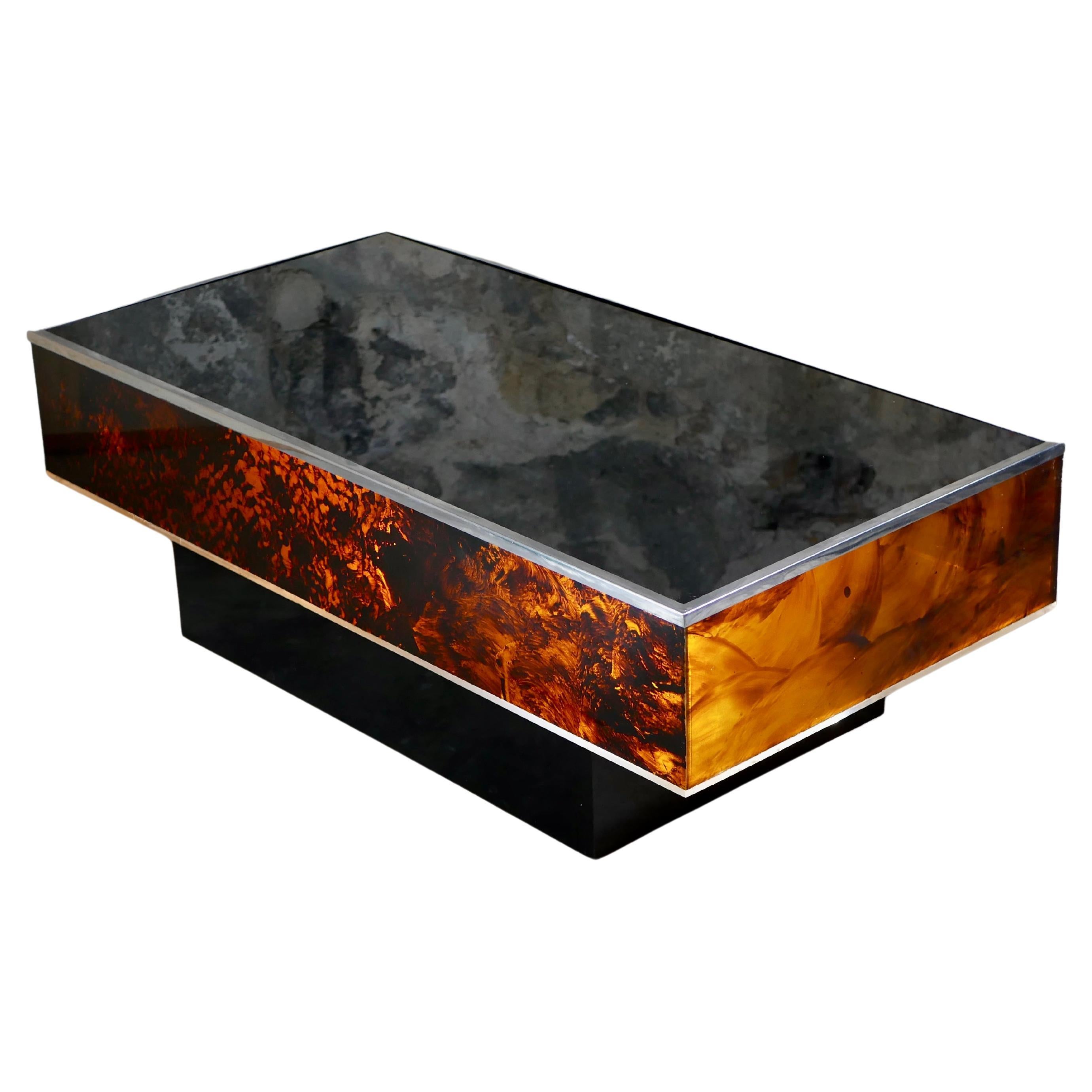 Lighted up faux tortoise lucite coffee table, Italy, 1970s For Sale