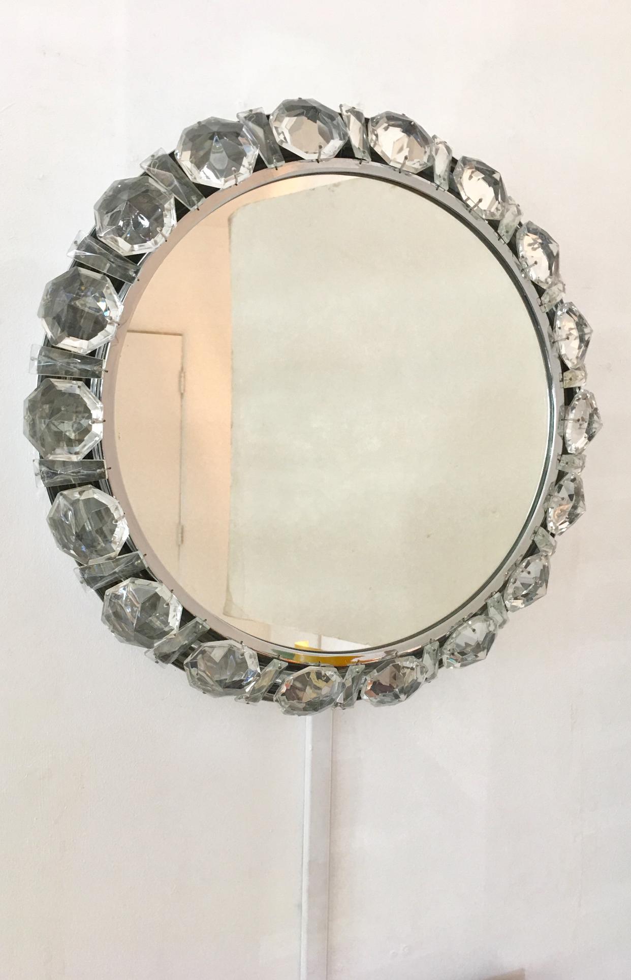 Very unusual and elegant German lighted wall mirror. Chrome and crystal, 1960s.