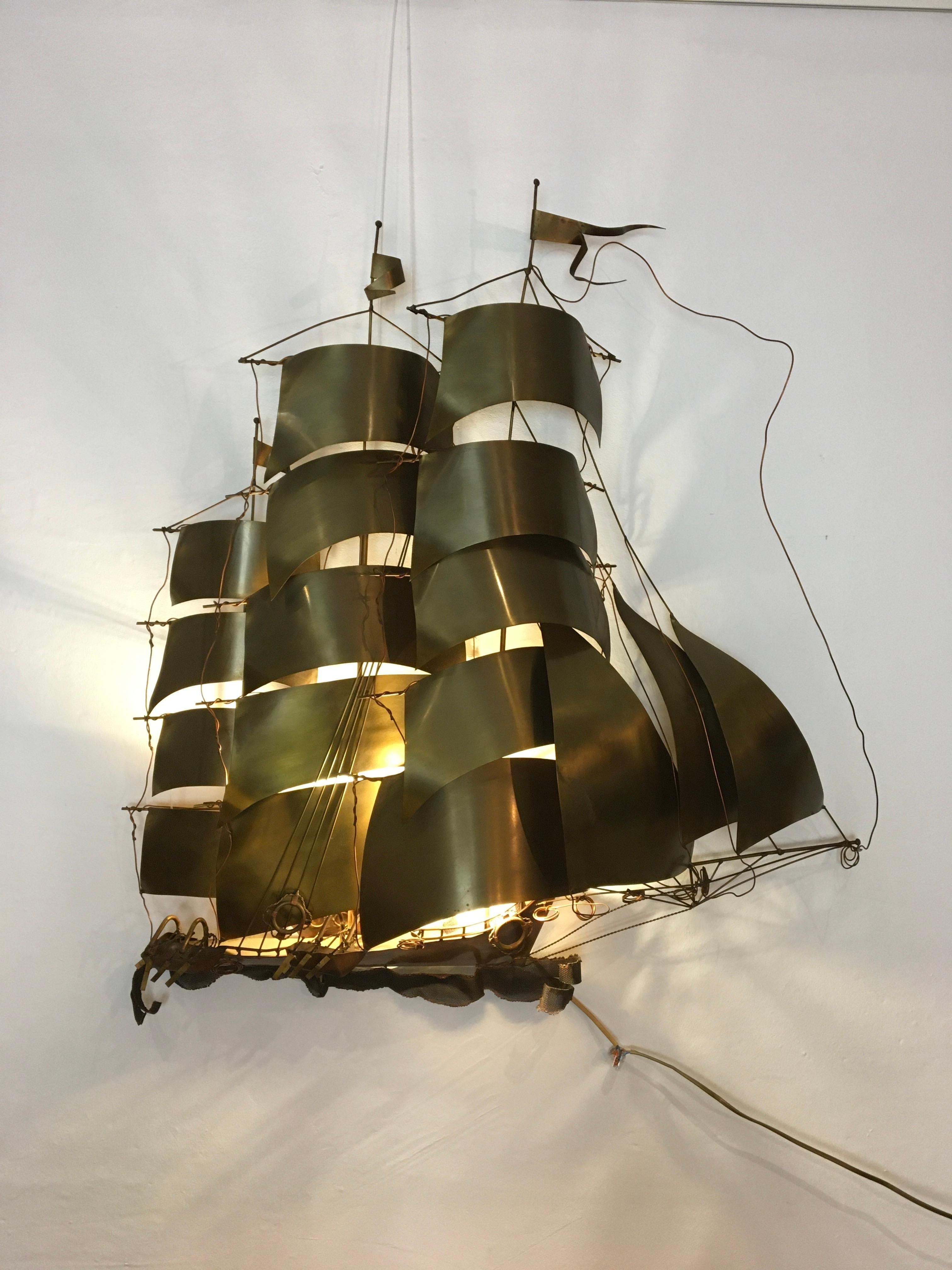 Belgian Lighted Wall Sculpture of Sailboat by Daniel D'Haeseleer, Belgium For Sale