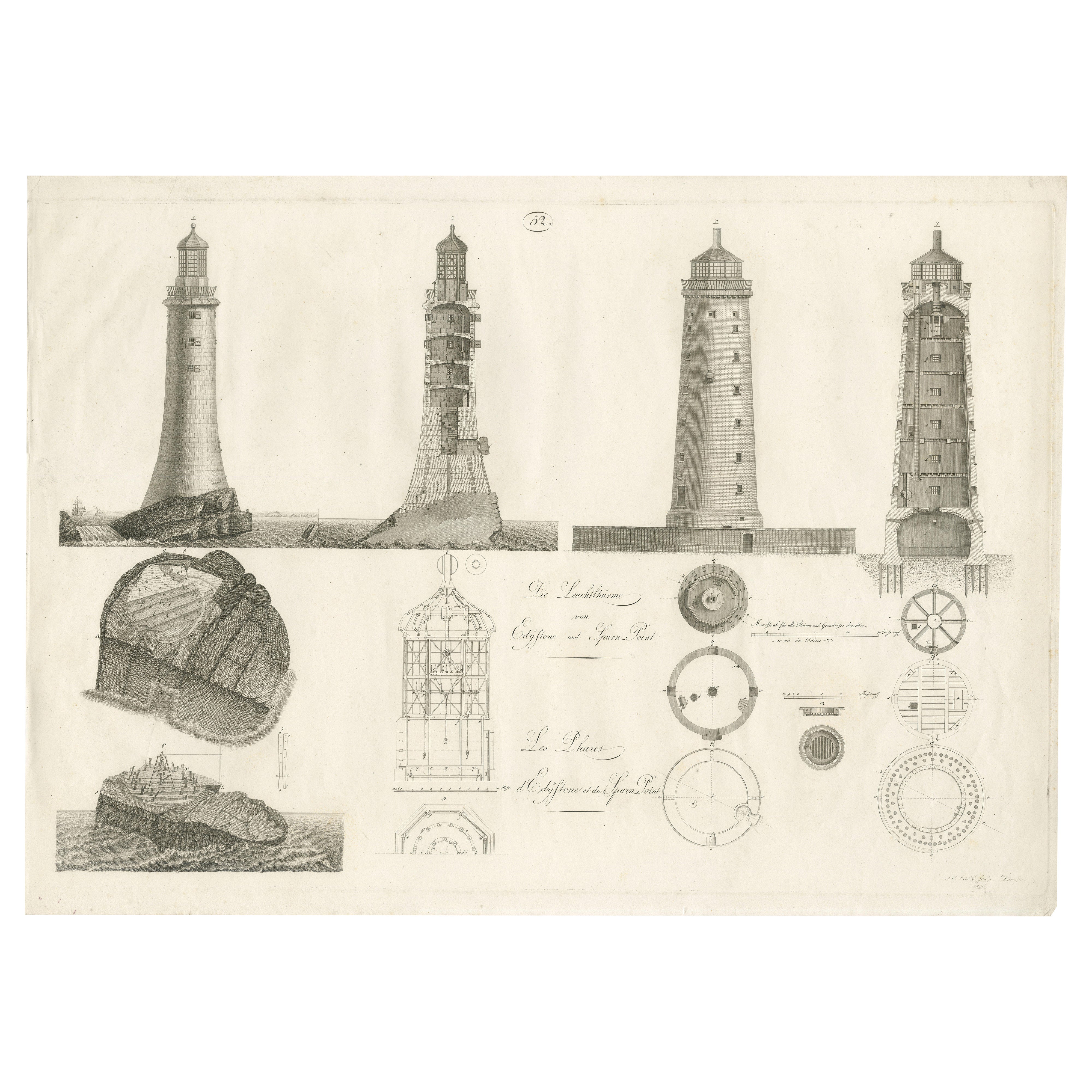 Lighthouse Architecture 
Engineering Engravings, Set of 3, c. 1800