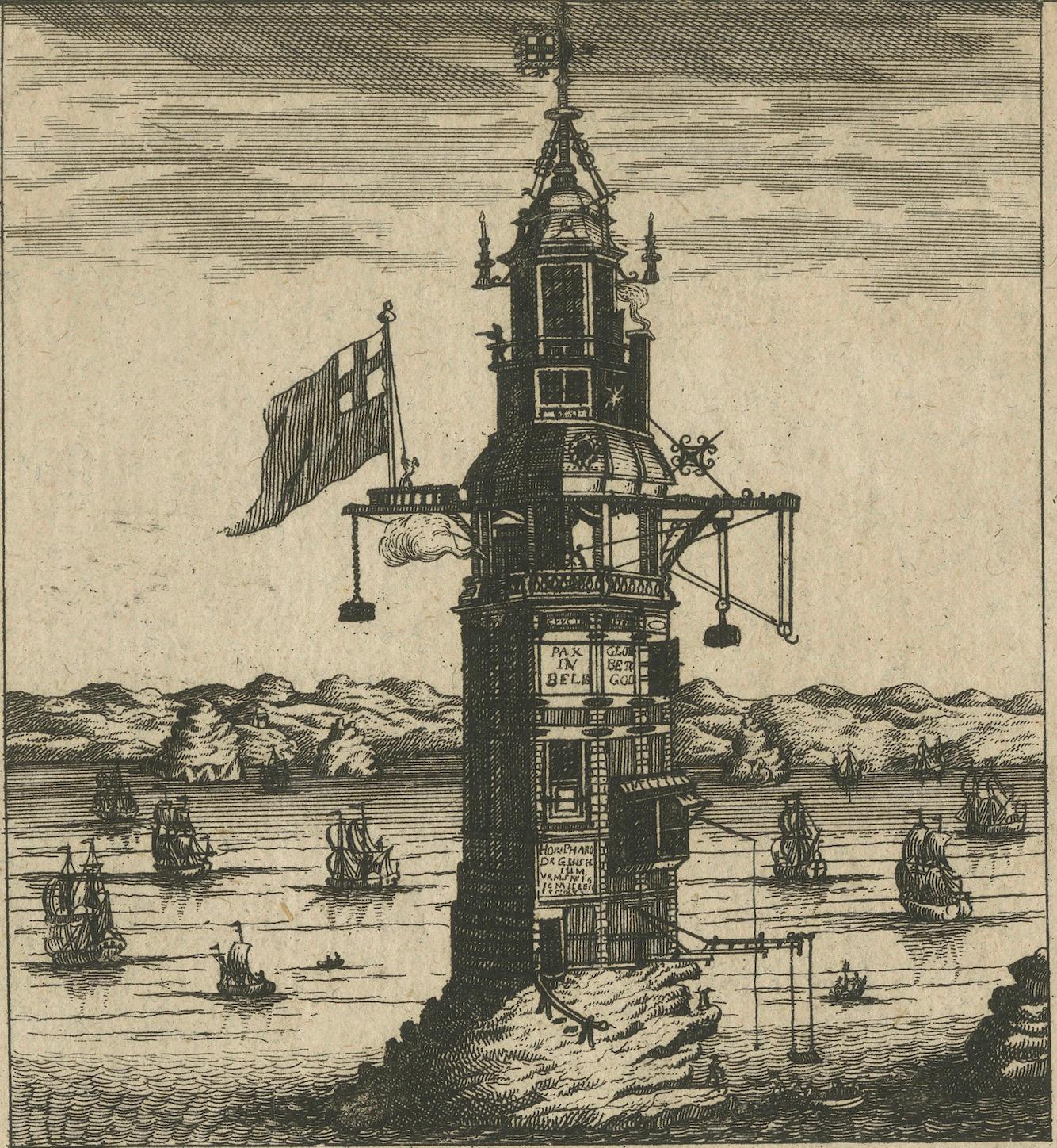 Dutch Lighthouse at Plymouth – Engraving by Pieter van der Aa, Leiden 1707 For Sale